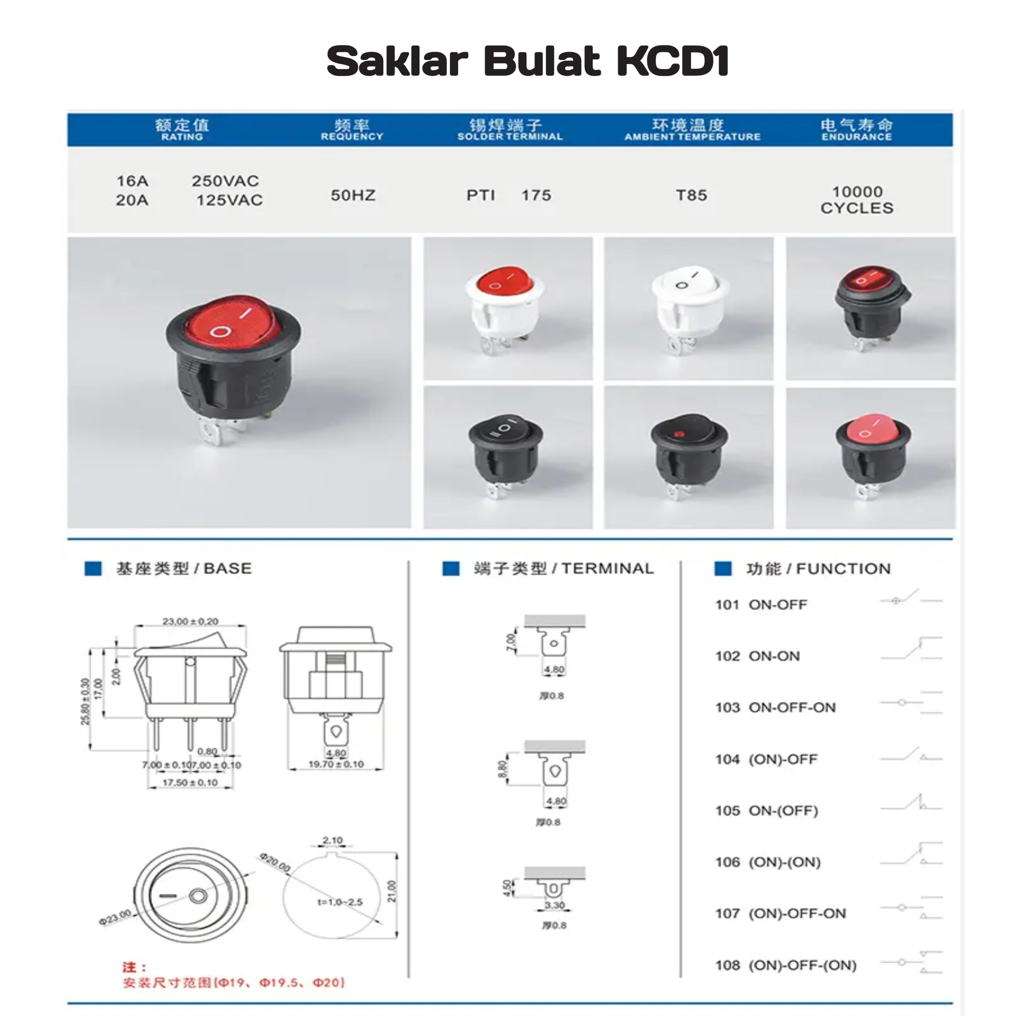 Saklar KCD1 bulat LED 3Pin-Biru